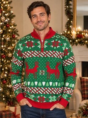 Tipsy Elves Green and Red Ugly Christmas Reindeer Half-Zip Holiday Sweater